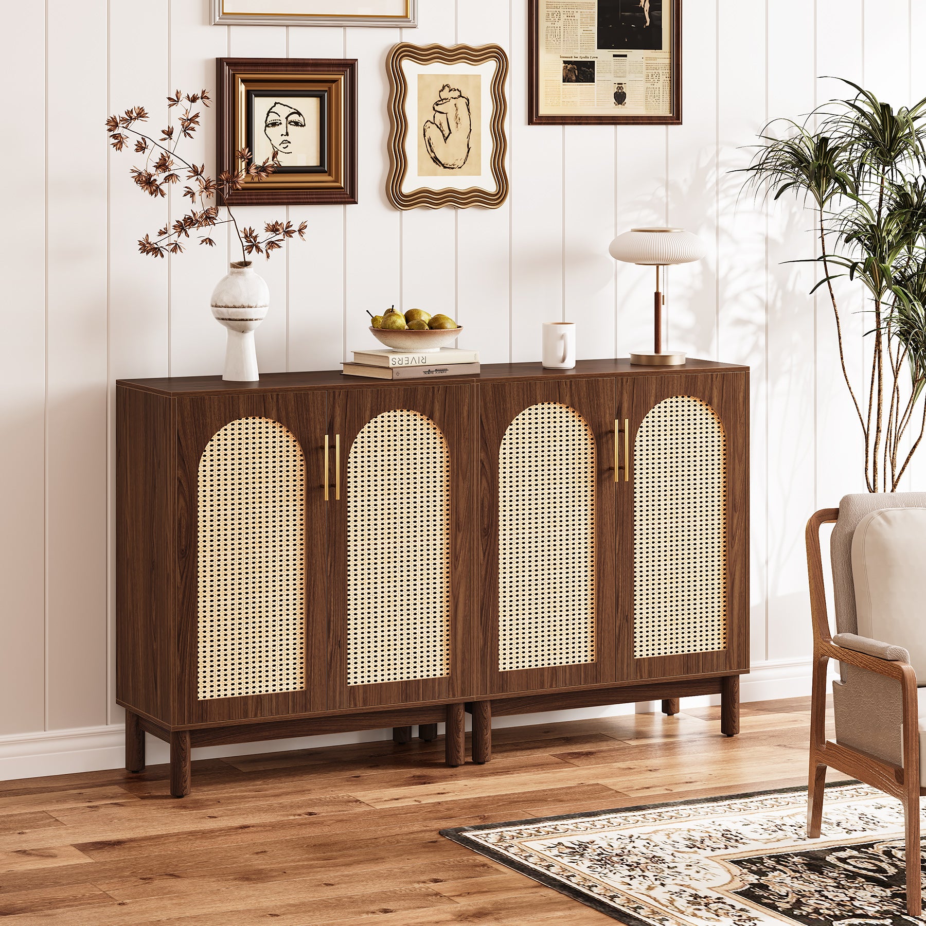 59" Sideboard Buffet Cabinet with Handmade Rattan Doors